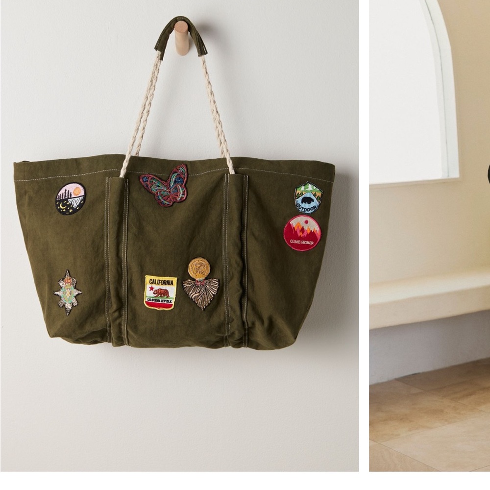 Free People Been There Badge Tote Bag Olive Green Tote Bag with Patches